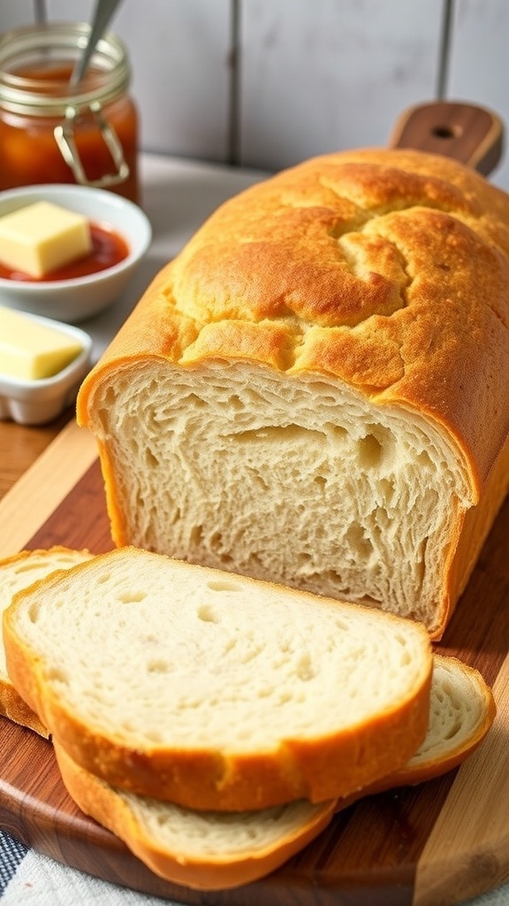 Homemade Sandwich Bread Recipe Freshly baked homemade sandwich bread on a wooden cutting board with slices and a rustic kitchen background.